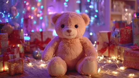 A charming pink teddy bear sits among beautifully wrapped gifts, glowing fairy lights, and festive decorations, embodying holiday joy.の素材
