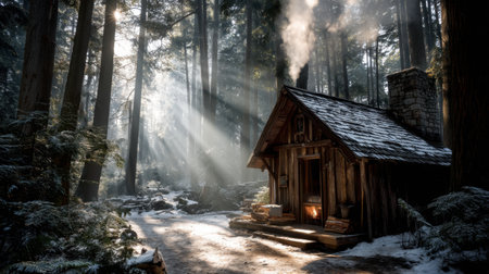 A serene winter scene featuring a cozy cabin nestled in a snowy forest. Sunbeams filter through tall trees, creating a peaceful atmosphere perfect for relaxation and adventure.の素材