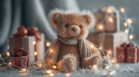 This adorable teddy bear with a soft fur and warm scarf is beautifully arranged amidst festive decorations and twinkling lights, perfect for the holiday season.の素材