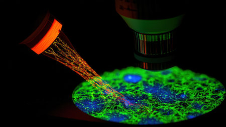 A stunning microscopy image featuring vibrant green and blue cellular structures illuminated by a bright laser effect, showcasing intricate biological details.の素材