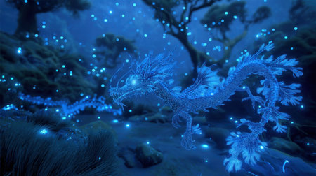 A surreal depiction of a blue dragon navigating an enchanting underwater landscape, filled with vibrant bioluminescent flora and a magical ambiance.の素材