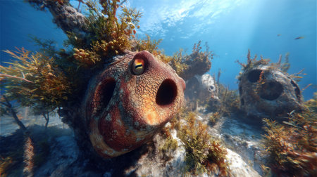 This captivating underwater scene showcases vibrant coral reefs and unique sponge structures, highlighting the beauty of marine life in a tranquil ocean environment.の素材