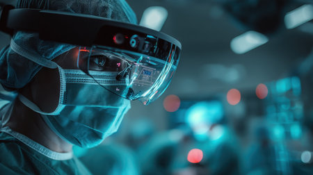 A focused surgeon wearing smart glasses in a high-tech operating room, showcasing the integration of augmented reality with medical procedures for improved outcomes.の素材