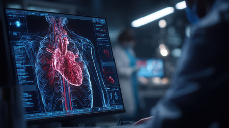 A vivid and detailed display of human heart anatomy shown on a modern monitor within a high-tech medical environment. Health professionals analyze vital data to enhance patient care and medical training.の素材