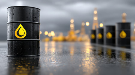 A close-up view of an industrial oil barrel featuring a yellow droplet symbol on a reflective wet surface, set against a blurred refinery backdrop.の素材