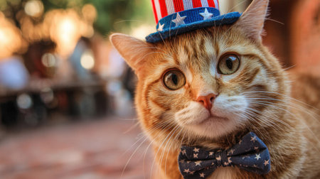 An adorable orange cat dons a festive hat and bow tie, representing Independence Day spirit. The charming outdoor scene captures joy and playfulness.の素材