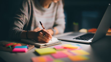 A person is writing notes in a notebook while surrounded by colorful sticky notes, creating a vibrant workspace atmosphere.の素材
