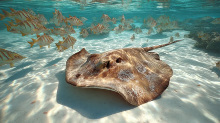 A stunning stingray glides elegantly across the sandy ocean floor, accompanied by vibrant schools of fish in a beautiful underwater setting.の素材