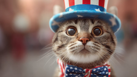 A cute cat dressed in a patriotic hat and bowtie captures the essence of celebration. Ideal for holiday themes and festive occasions.の素材