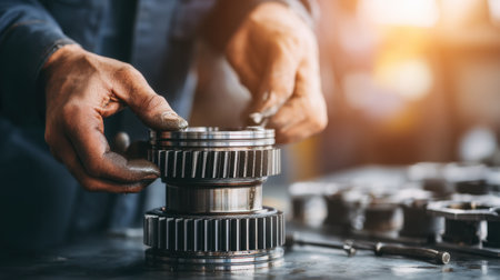 A skilled worker assembles intricate metal gears in a workshop. The warm light adds depth, highlighting the craftsmanship involved in engineering.の素材