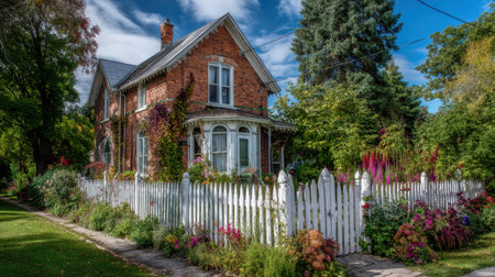 A delightful vintage brick house stands proudly amidst vibrant flowers and lush greenery, radiating charm and warmth on a sunny day.の素材