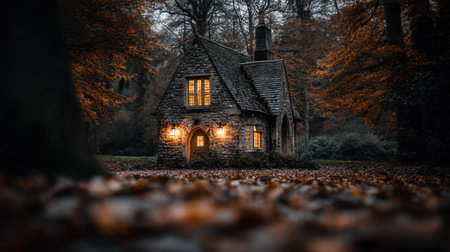 A charming stone cottage nestled in an autumn forest, radiating warmth from glowing windows. Surrounded by colorful leaves and tall trees, this image captures tranquility and rustic beauty at twilight.の素材