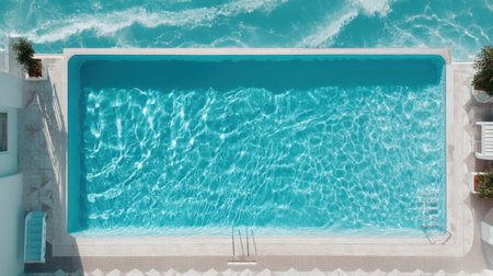 This captivating aerial view showcases a serene swimming pool with bright blue water reflecting sunlight, inviting relaxation and tranquility.の素材