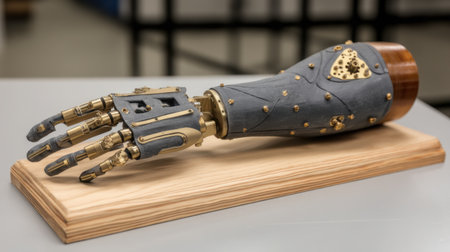 This image features a stunning prosthetic arm, blending advanced technology with artistic craftsmanship, perfect for showcasing innovation.の素材