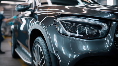A high-resolution close-up of a sleek modern car inside an automotive workshop, highlighting its glossy finish and advanced features under bright overhead lights.の素材