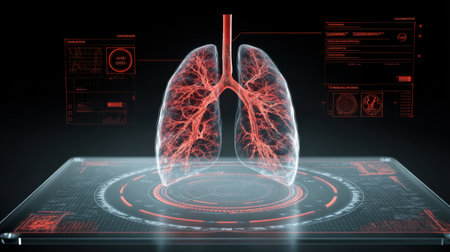 This image presents a futuristic and digital representation of lungs, featuring a detailed data overlay that highlights health and technology connections.の素材