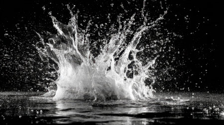 Captivating black and white image showcasing a dramatic water splash. The energetic spray creates a stunning visual impact against a dark background, highlighting motion and fluidity in nature.の素材