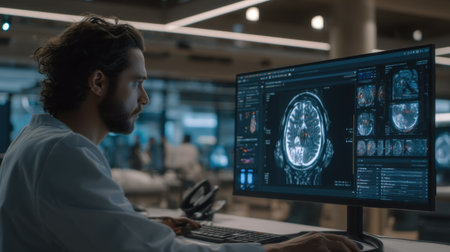 A dedicated medical professional examines intricate MRI scan data on a large computer screen in an advanced healthcare facility, illustrating modern diagnostic technology and focus on patient care.の素材