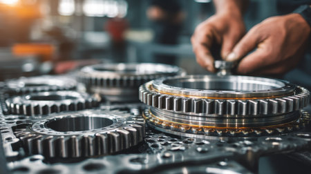 A focused close-up view of hands assembling intricate metal gears and components in a professional workshop, showcasing craftsmanship and precision.の素材