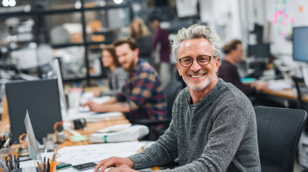 A cheerful mature man smiles while working at his desk in a lively creative office, surrounded by colleagues engaged in various tasks.の素材