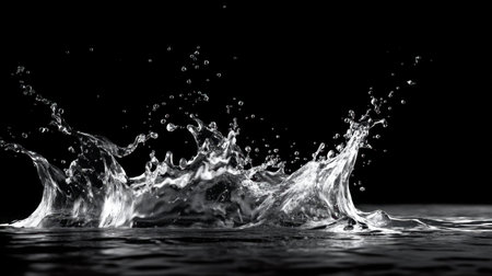 A stunning capture of a water splash illustrating dynamic motion and beauty, set against a dark background that emphasizes each droplet's clarity.の素材
