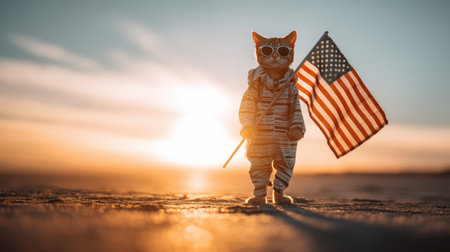 A charming cat dressed in sunglasses and stylish attire holds an American flag while standing on a beach during sunset, embodying a joyful spirit.の素材