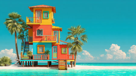 Vibrant beach house stands on sandy shore, surrounded by palm trees and clear turquoise water, perfect for a sunny getaway.の素材