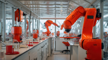 This image captures the innovative landscape of a modern laboratory featuring advanced robotic arms, highlighting automation in scientific research.の素材