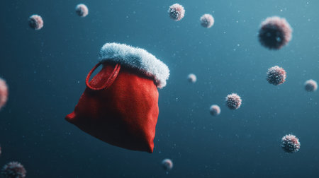 A striking image of a red Christmas sack drifting in a surreal blue environment filled with abstract virus particles, symbolizing holiday challenges.の素材