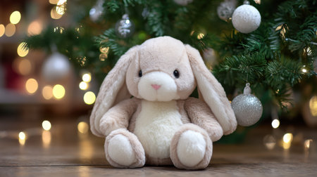 This adorable plush bunny sits beneath a twinkling Christmas tree, surrounded by shimmering ornaments, evoking feelings of joy and warmth during the holiday season.の素材