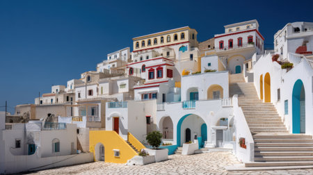 A stunning view of whitewashed buildings set against a brilliant blue sky in a coastal village, showcasing charming architecture with colorful doors.の素材