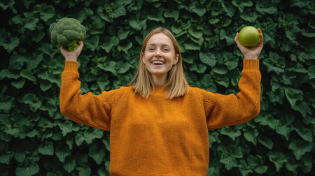 A joyful woman poses with a piece of broccoli in one hand and a green apple in the other, surrounded by lush green foliage. This image captures the essence of healthy living, emphasizing vibrant produce and a positive attitude towards nutrition and wellbeing.の素材