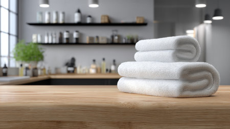 This image features soft white towels stacked neatly on a wooden counter, set in a modern spa environment. Soft natural light enhances the minimalist ambiance, inviting relaxation and fresh vibes. Perfect for concepts of wellness and beauty.の素材