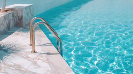 A serene view of a swimming pool with sparkling blue water and modern marble steps, perfect for relaxation and leisure during summer days.の素材