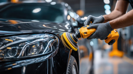 A professional applies a polishing tool to enhance the shine of a black car in an automotive workshop, showcasing attention to detail and craftsmanship.の素材