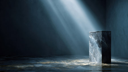 A captivating image featuring a marble block illuminated by dramatic light in a dark, minimalist setting. The interplay of light and shadow creates an evocative atmosphere.の素材