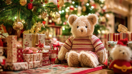 This enchanting Christmas scene features a soft teddy bear sitting among beautifully wrapped gifts and a sparkling tree, evoking warmth and nostalgia.の素材