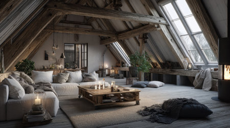 Explore a cozy rustic attic living area featuring wooden beams, soft furnishings, and warm lighting, ideal for relaxation and gatherings.の素材
