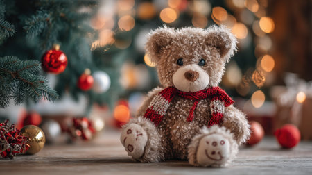This charming teddy bear, adorned with a red scarf, stands out against a backdrop of festive Christmas decorations and twinkling lights.の素材