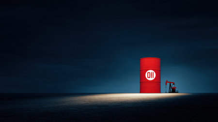 A striking image of a red oil barrel and pump jack set against a dramatic night sky. The minimalist landscape emphasizes energy production and industrial themes.の素材