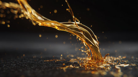 A stunning golden liquid gracefully flows and splashes against a dark background, capturing the essence of motion and elegance in artistic photography.の素材