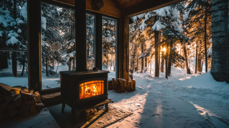 A serene winter scene featuring a cozy cabin with a fireplace, surrounded by snow-covered pine trees and warm sunlight streaming in.の素材