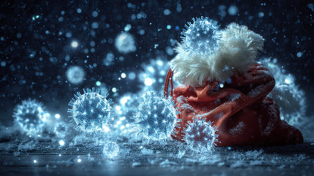 A vibrant red Christmas sack sits in a snowy landscape, surrounded by glowing particles and floating viruses, capturing a unique winter scene.の素材