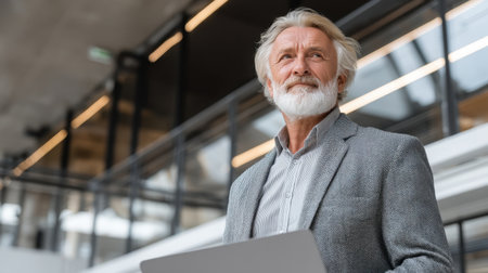 This image features a senior businessman standing confidently in a contemporary office setting, holding a laptop and exuding professionalism and experience.の素材