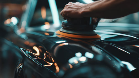 A skilled hand uses an electric polisher on a glossy classic car's surface, highlighting the meticulous car detailing process in a garage environment.の素材