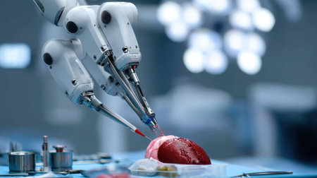Innovative robotic surgical tools engage in complex procedures on a human organ, highlighting the intersection of technology and medicine in modern healthcare.の素材