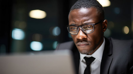 A focused male professional engages with his laptop late at night, showcasing determination and commitment in a modern office setting.の素材