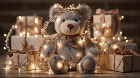A charming teddy bear wrapped in twinkling lights sits amidst beautifully wrapped gifts, evoking warmth and nostalgia for the holiday season.の素材