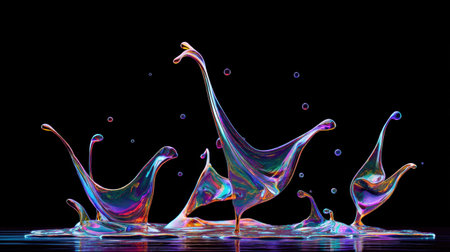 This stunning image captures colorful soap bubbles in mid-splash, showcasing a mesmerizing array of vibrant colors and reflections against a dark backdrop.の素材