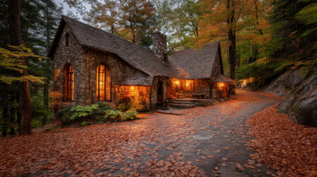 This enchanting stone cottage nestled among vibrant autumn leaves offers a warm and inviting atmosphere, perfect for a serene escape into nature.の素材